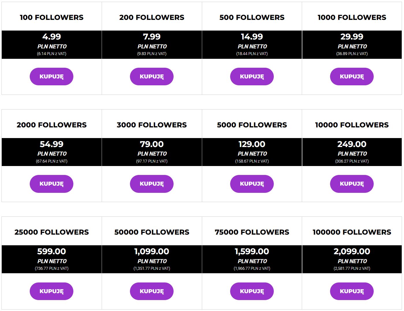 Instagram followers - cennik